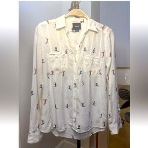 Anthropologie Maeve Womens Ivory Top Allover Skier Button Up Shirt Top Size 2 XS